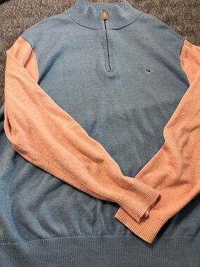 Vineyard Vines Pull Over Quarter Zip Sweater Blue With Pink Sleeves Whale Logo L